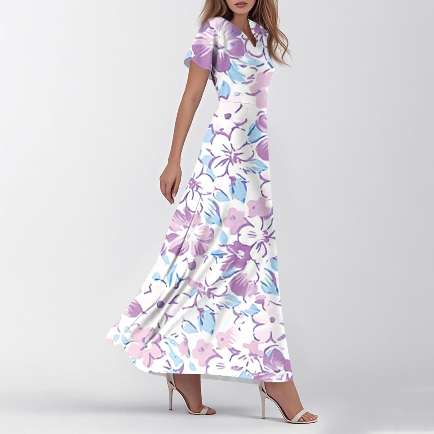 Womens Fashion V Neck Ruffle Short Sleeve Maxi Dress 2025 Summer Elegant Solid Color Flowy A Line Dresses