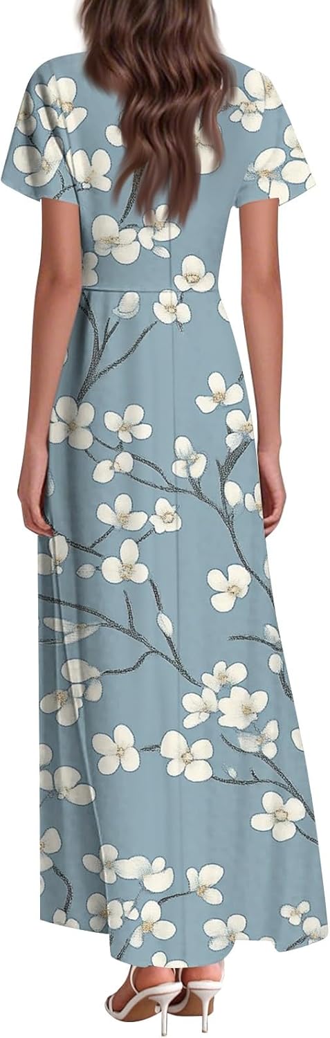 Womens Fashion V Neck Ruffle Short Sleeve Maxi Dress 2025 Summer Elegant Solid Color Flowy A Line Dresses