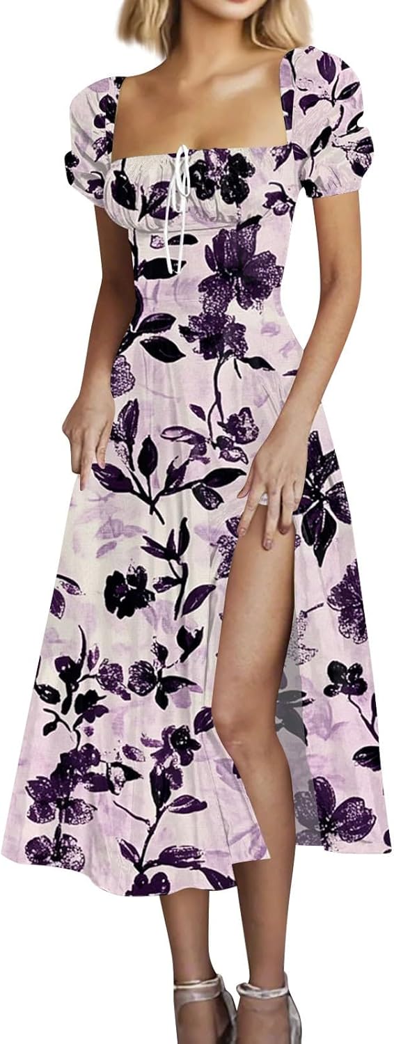 Women's Sundresses 2025 Summer Casual Loose Trendy Bubble Sleeve Square Neck Split Bow Floral Print Dress Plus Size, XS-3XL