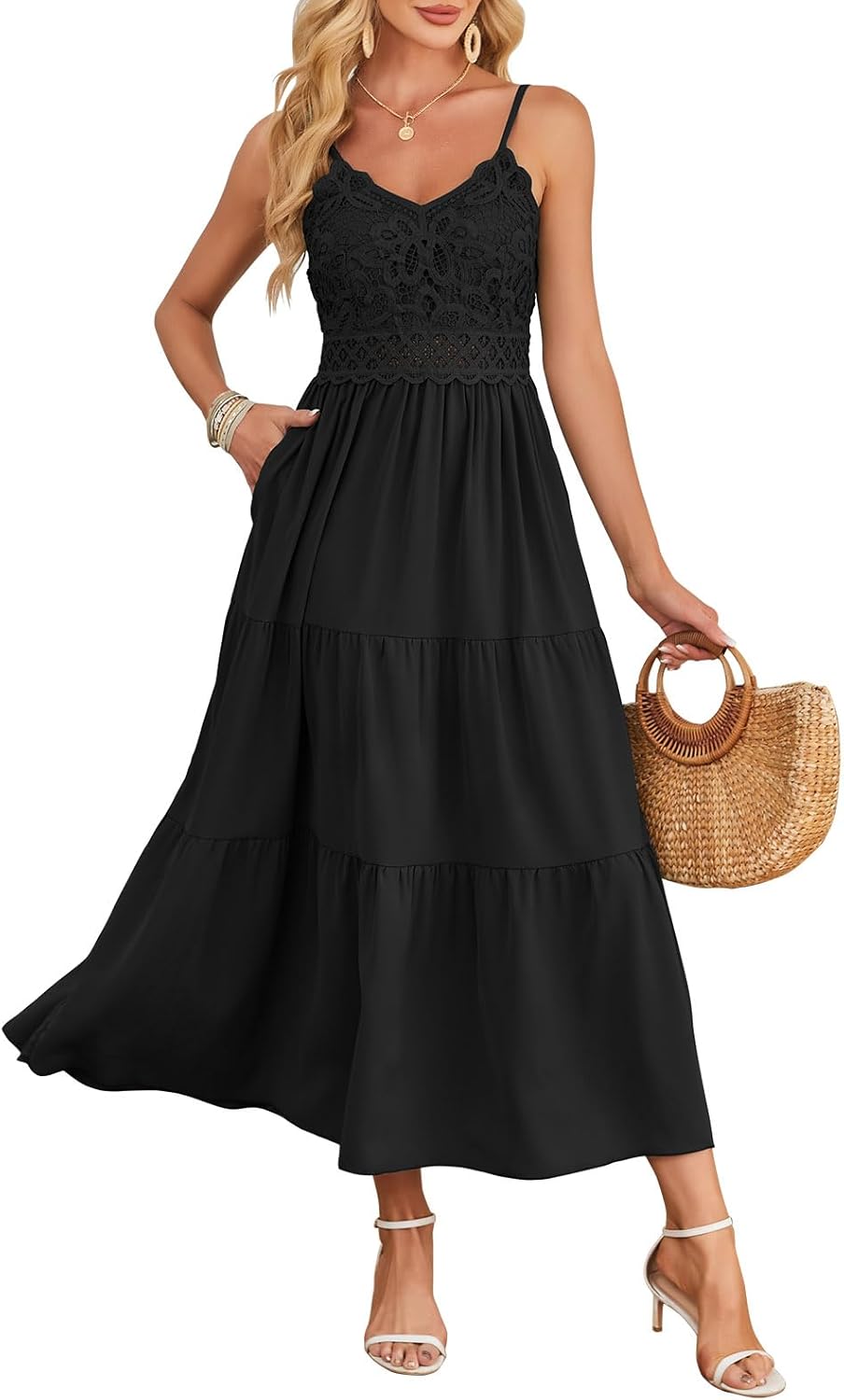 Dokuritu Women's Beach Crochet Lace Maxi Dress Solid Color Summer Vacation Spaghetti Strap Long Dress 2024