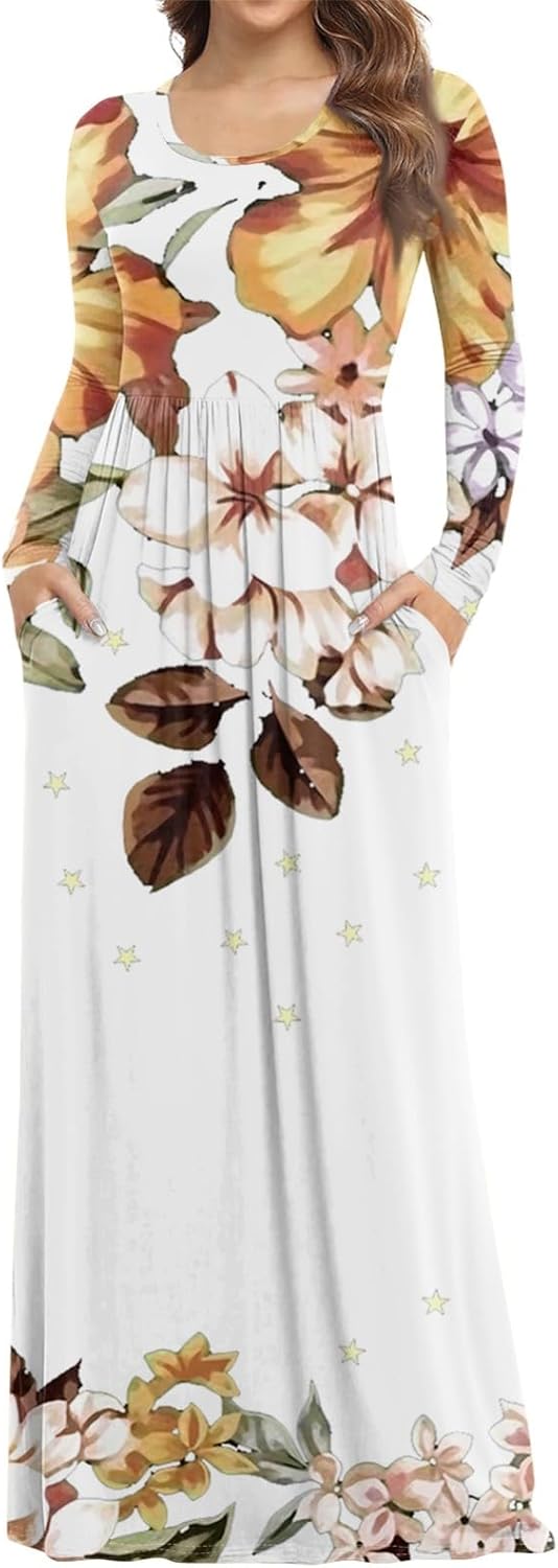 Long Sleeve Maxi Dress for Women Elegant Crew Neck Flowy Swing Dresses Solid Color Wedding Guest Dresses