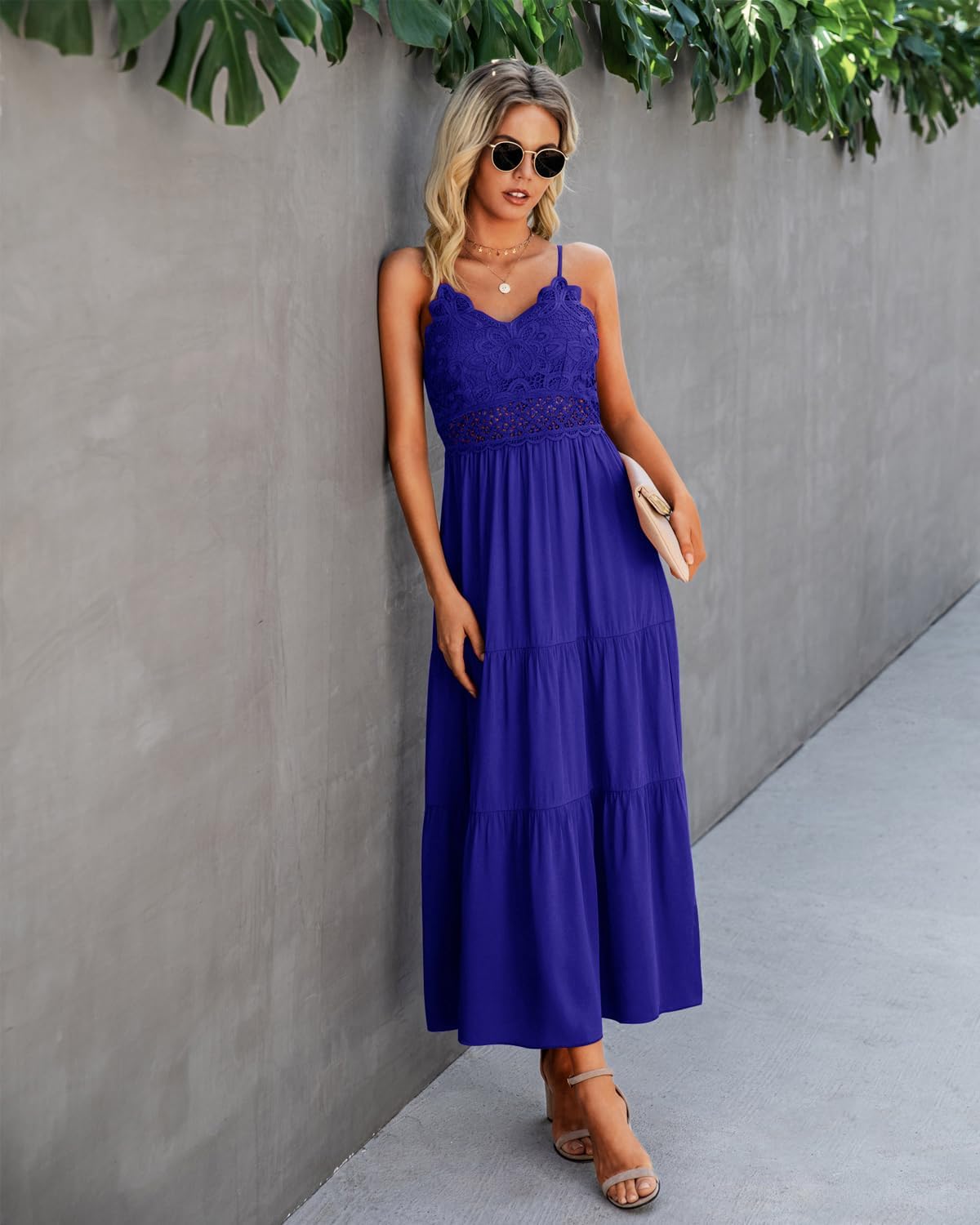 Dokuritu Women's Beach Crochet Lace Maxi Dress Solid Color Summer Vacation Spaghetti Strap Long Dress 2024