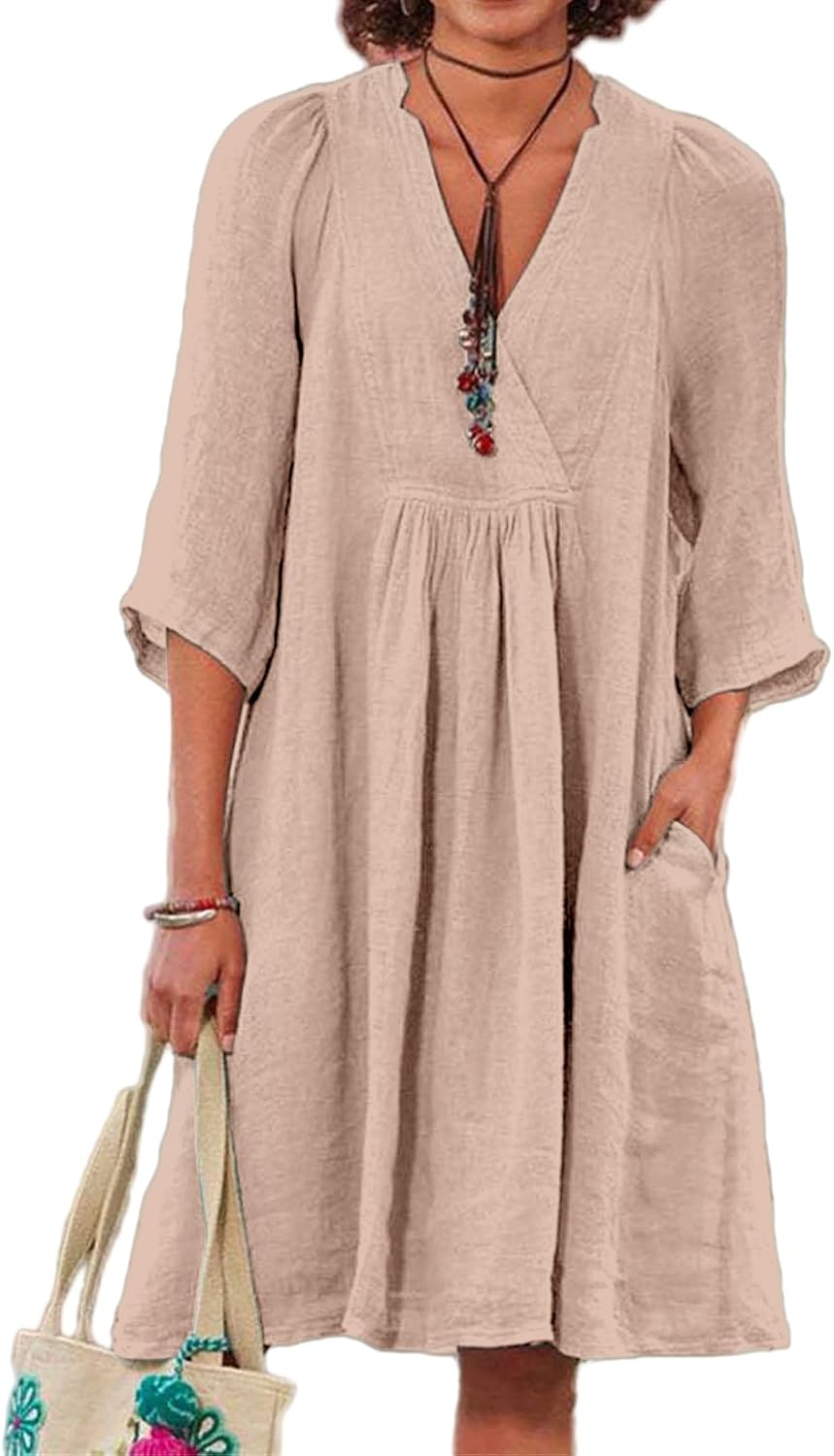 Cotton Linen for Women 2025 Summer V-Neck 3/4 Sleeve Ruffled A-Line Midi Dress Casual Modest Knee-Length Dress