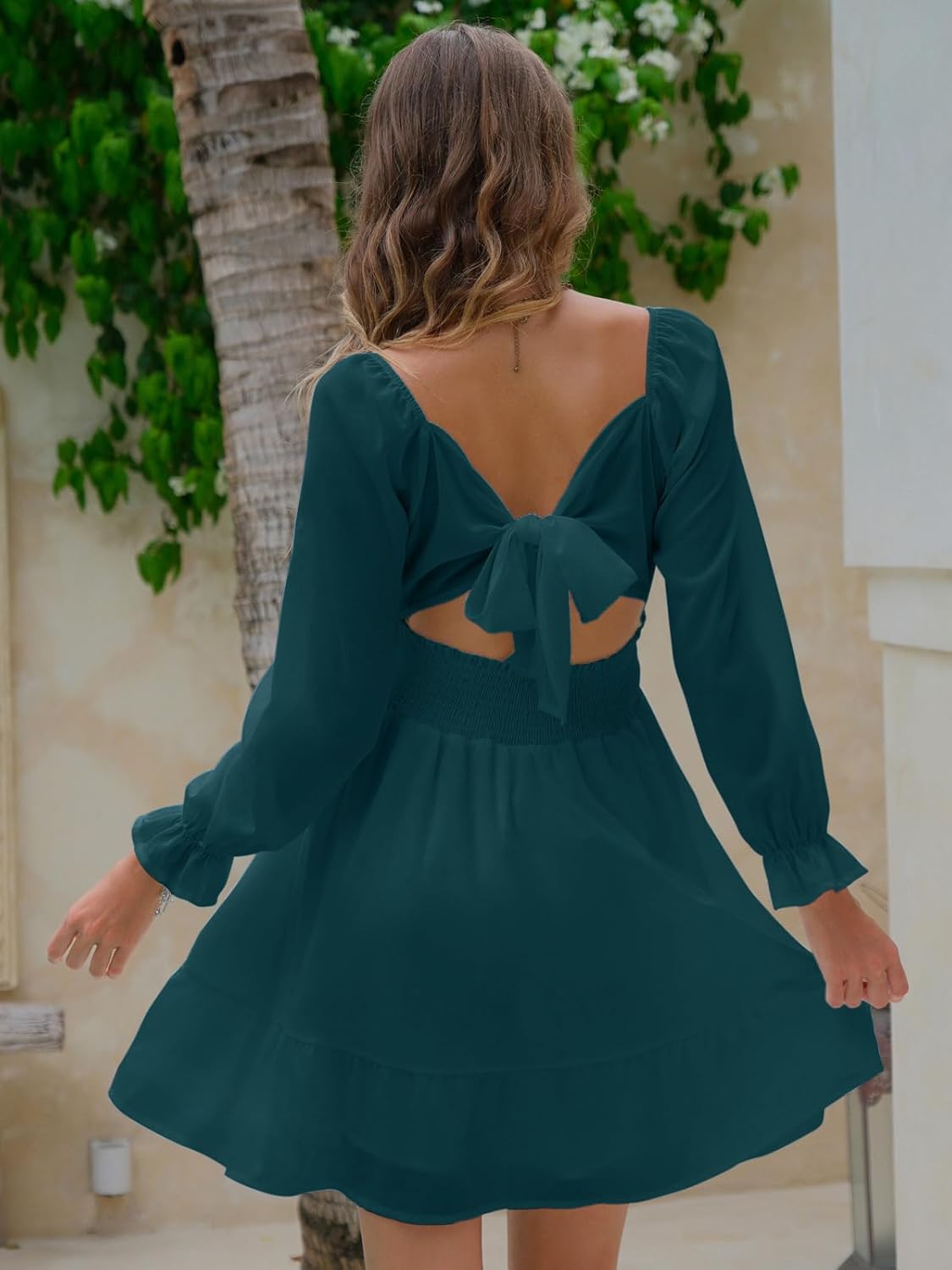 EXLURA Women's 2025 Casual Long Lantern Sleeve Dresses Square Neck Ruffle Tie Back Elastic Waist Aline Short Mini Dress