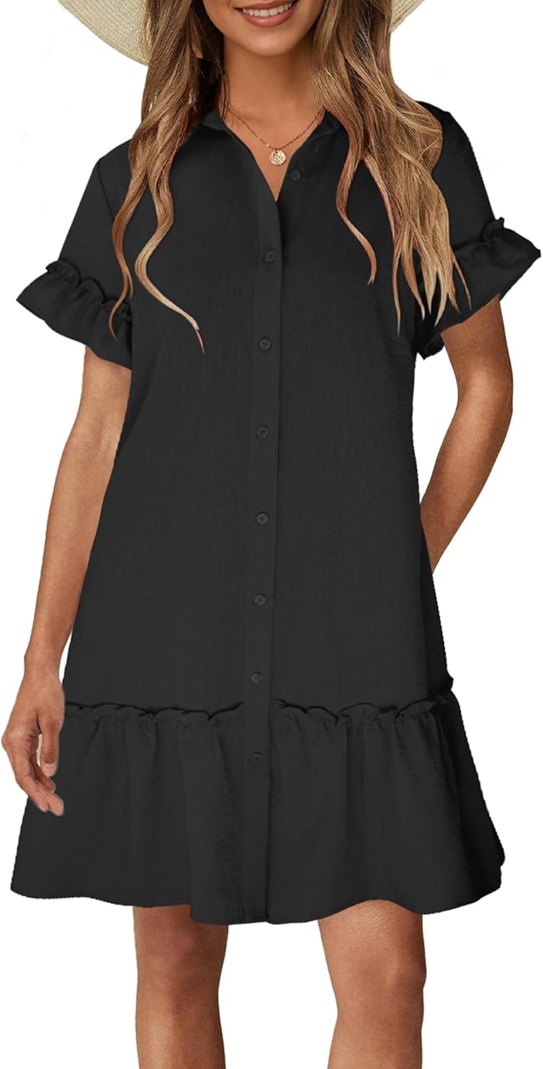 CCTOO Women's Summer Dresses Casual V Neck Button Down 3/4 Sleeve Floral Print Loose Flowy Shirt Dress