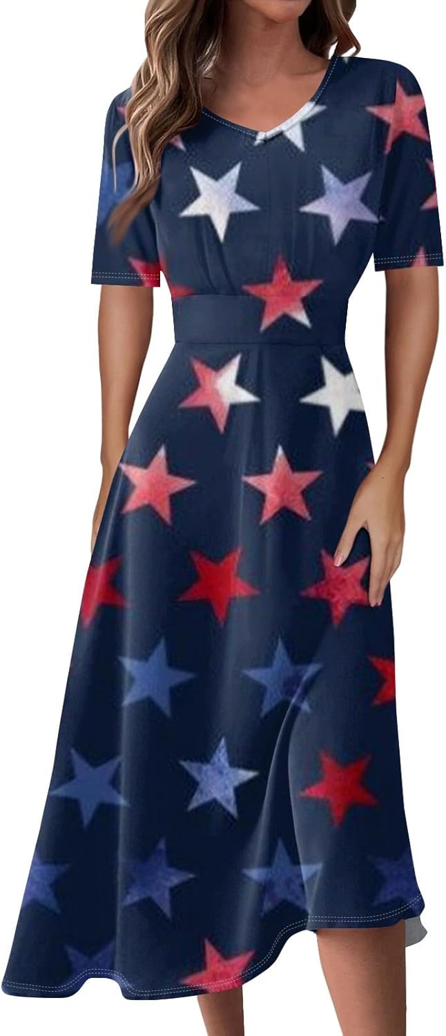 Women's Patriotic Star Print Midi Short Sleeve V-Neck Casual A-Line Dress for Summer Parties & Events