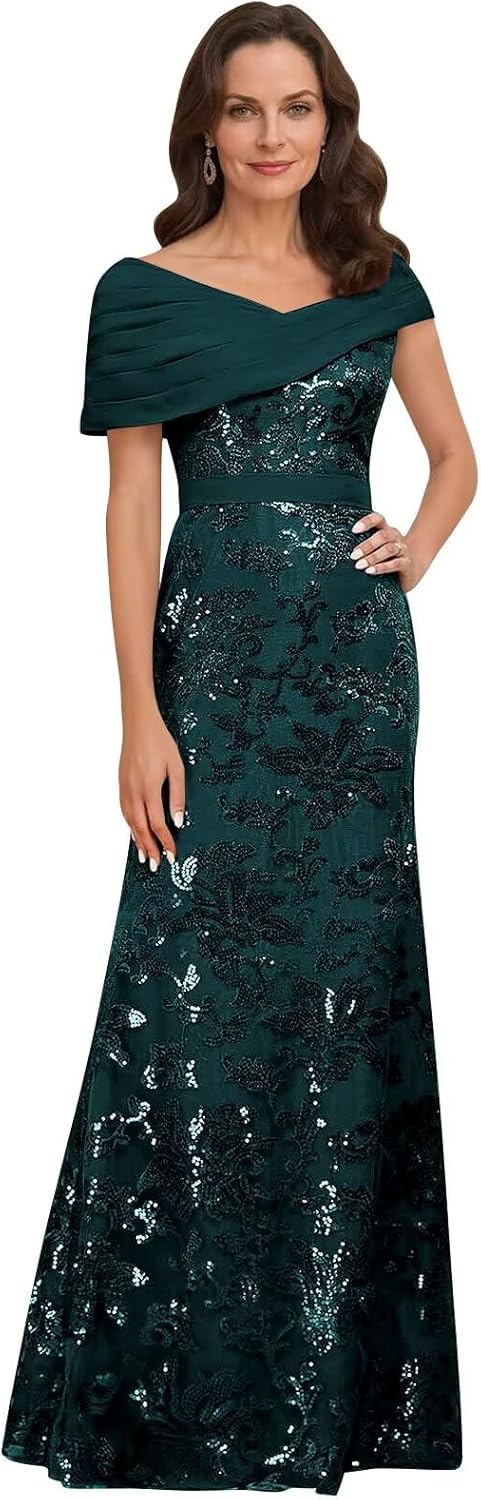 Lace Sequin Mother of The Bride Dresses for Women Long Mermaid Off The Shoulder Formal Evening Dress with Sleeves