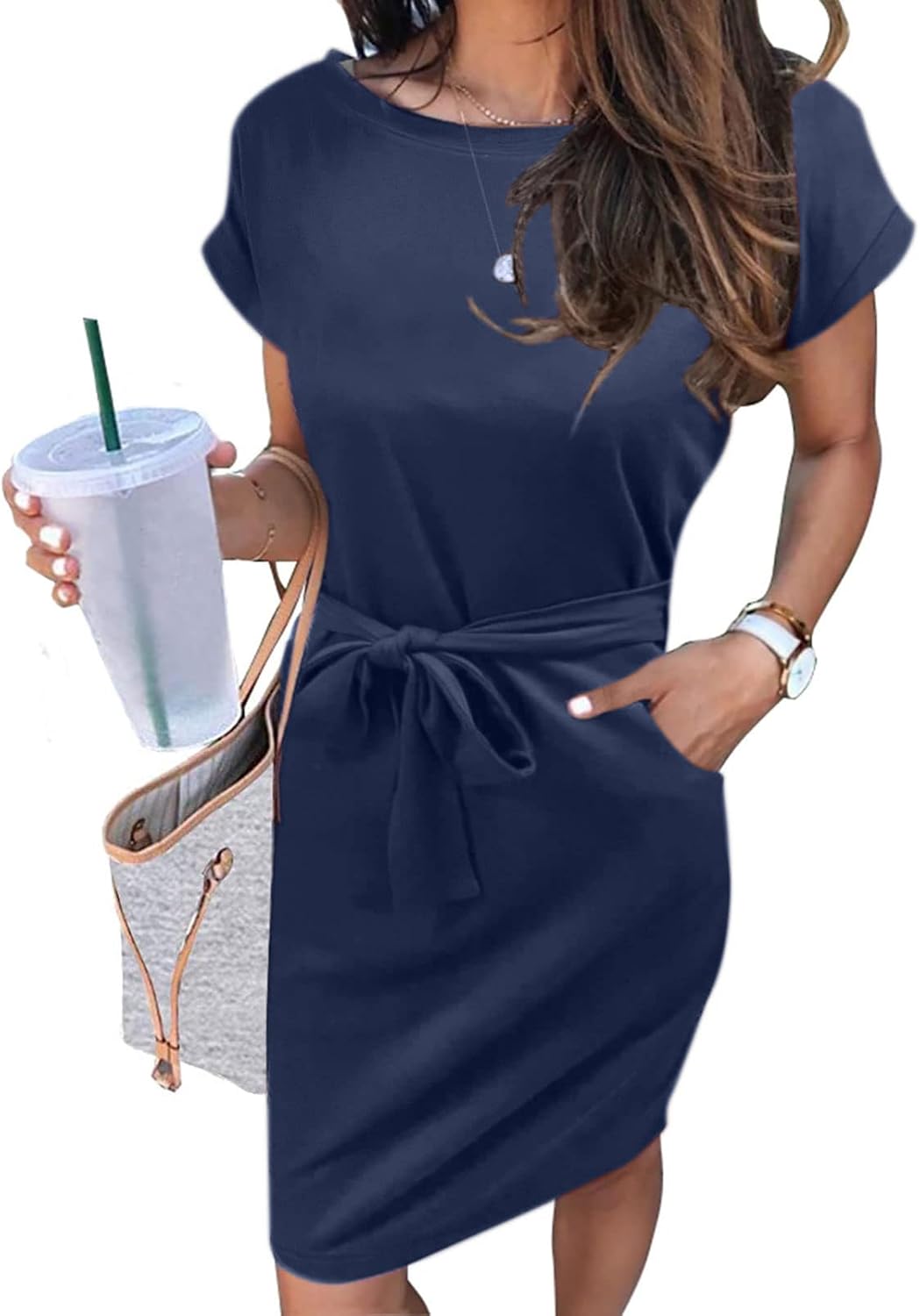 MEROKEETY Women's Summer Striped Short Sleeve T Shirt Dress Casual Tie Waist with Pockets