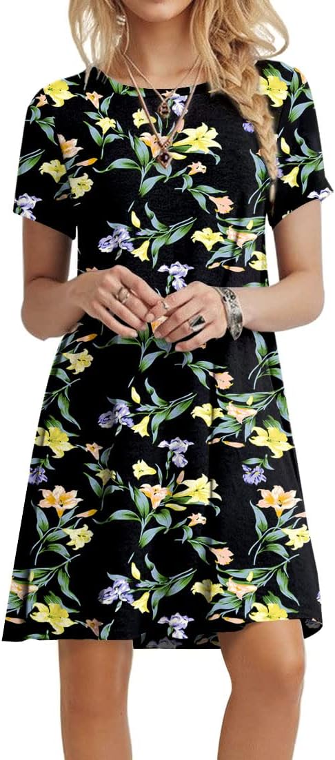 POPYOUNG 2025 Women's Summer Casual T-Shirt Dresses Crew Neck Beach Cover Up Sun Dress
