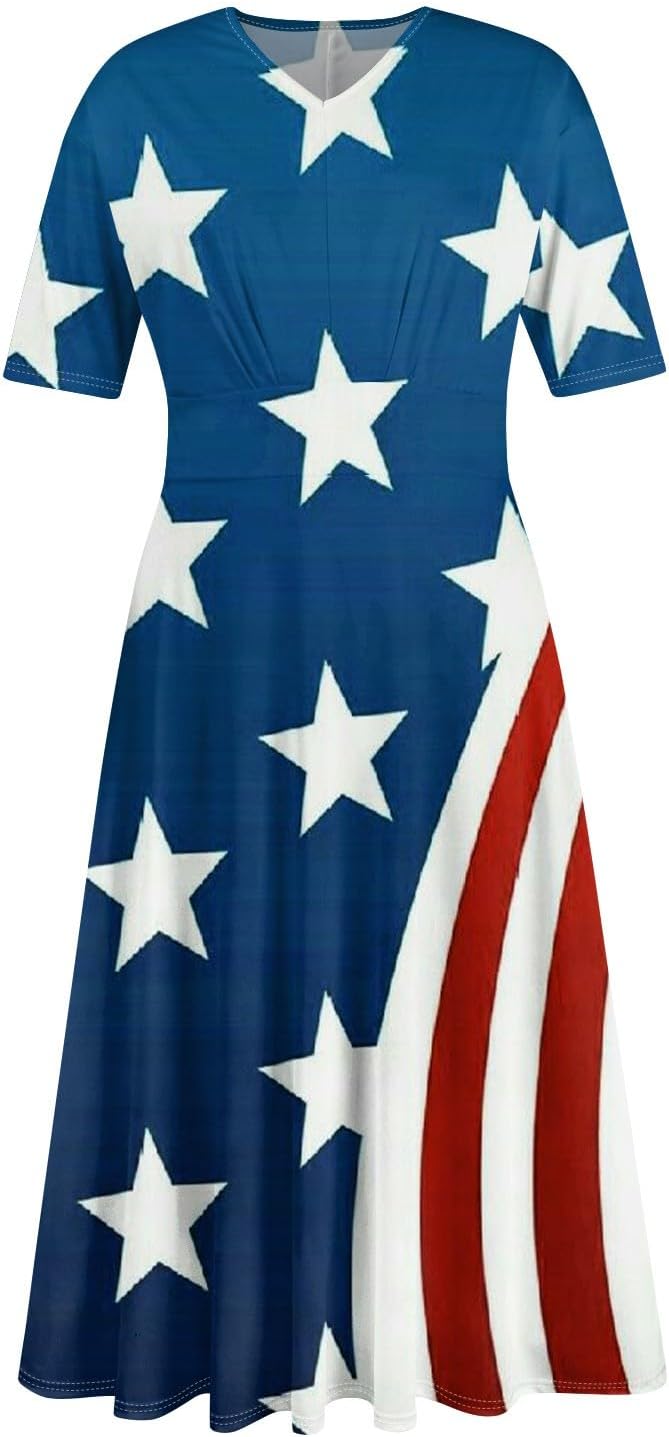 Women's Patriotic Star Print Midi Short Sleeve V-Neck Casual A-Line Dress for Summer Parties & Events