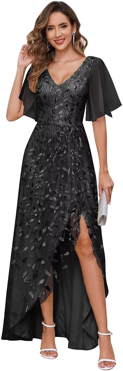 Women's Short Sleeve Mother of The Bride Dresses for Wedding Sparkly Sequin Long Formal Evening Dresses