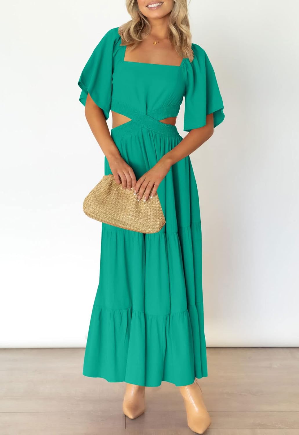 LEANI Women's 2025 Summer Cutout Maxi Dress Square Neck Short Sleeve Crossover Waist Casual Party Dresses