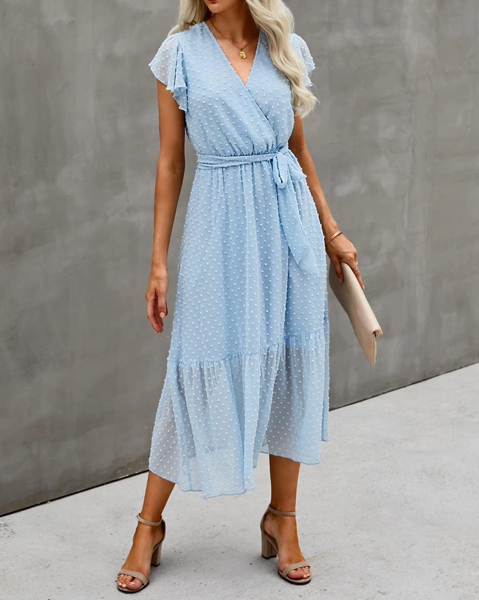 BTFBM Women Summer Bohemian Floral Casual Wrap V Neck Ruffle Cap Sleeveless Belt A-Line Pleated Hem Midi Sun Dress White