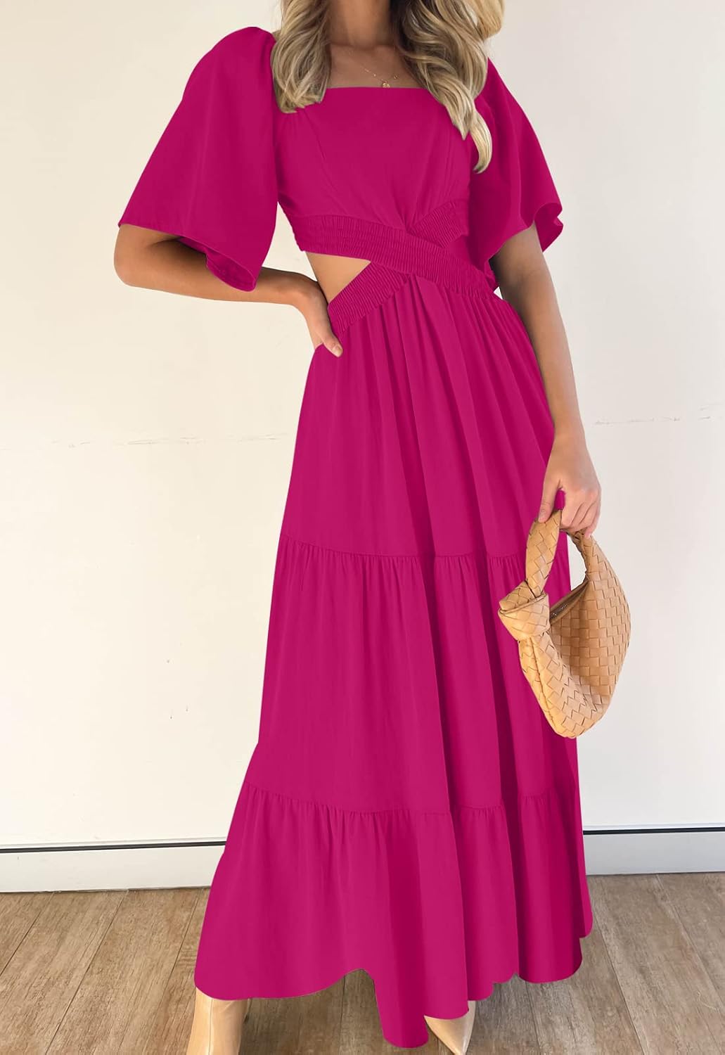 LEANI Women's 2025 Summer Cutout Maxi Dress Square Neck Short Sleeve Crossover Waist Casual Party Dresses
