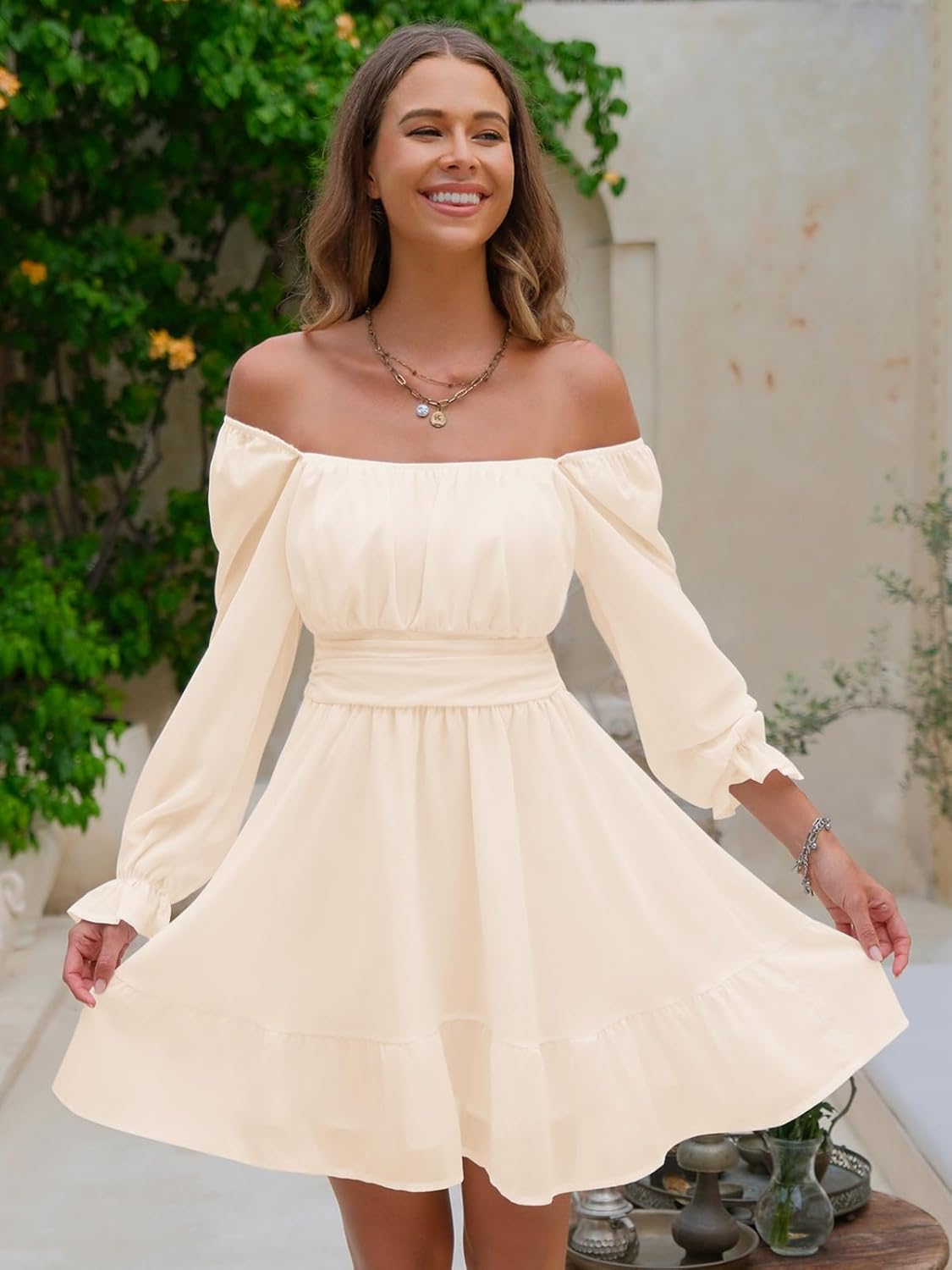 EXLURA Women's 2025 Casual Long Lantern Sleeve Dresses Square Neck Ruffle Tie Back Elastic Waist Aline Short Mini Dress