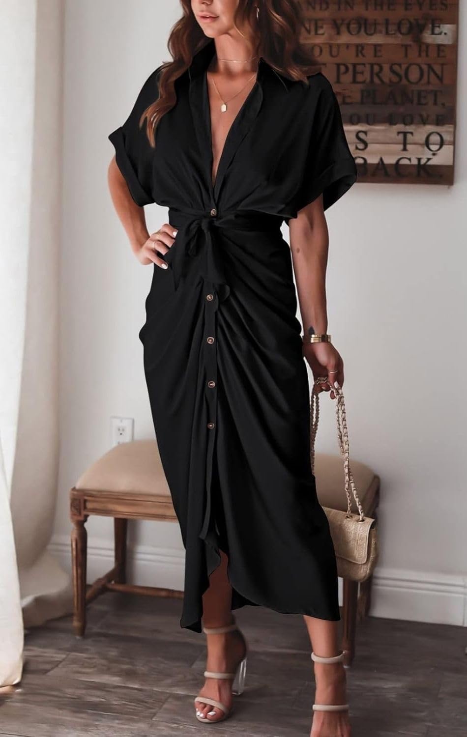 Women's Swing Classic Cute Maxi Ruched Breathable Shirt Dresses Bownot Slim Fitted Dress