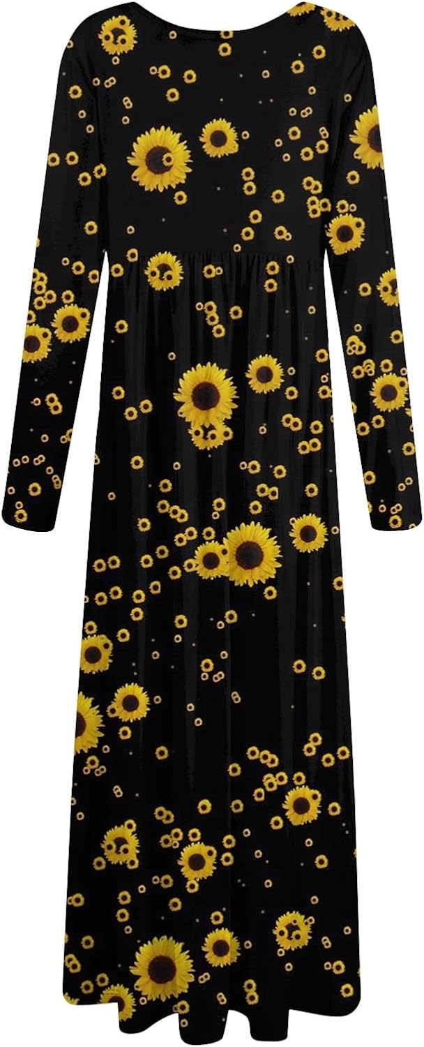 Long Sleeve Maxi Dress for Women Elegant Crew Neck Flowy Swing Dresses Solid Color Wedding Guest Dresses