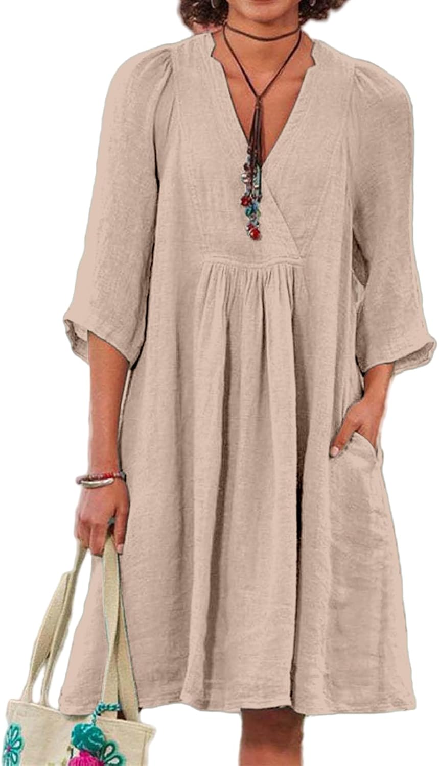 Womens Linen Dress Summer Casual A-line Dresses 3/4 Sleeve Knee Length Ruched Midi Dress V Neck Shift Dresses 2025