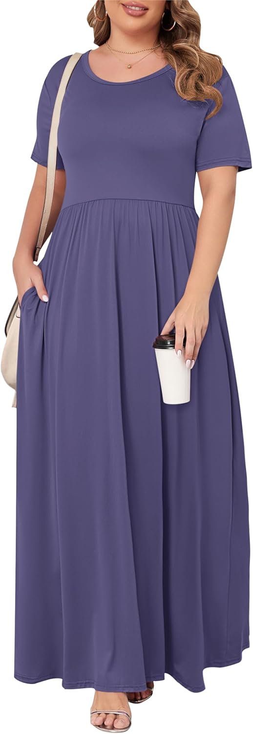 KARALIN Women’s Plus Size Maxi Dresses for Curvy Women Summer Casual Short Sleeve 2025 Long Dress 14W-26W