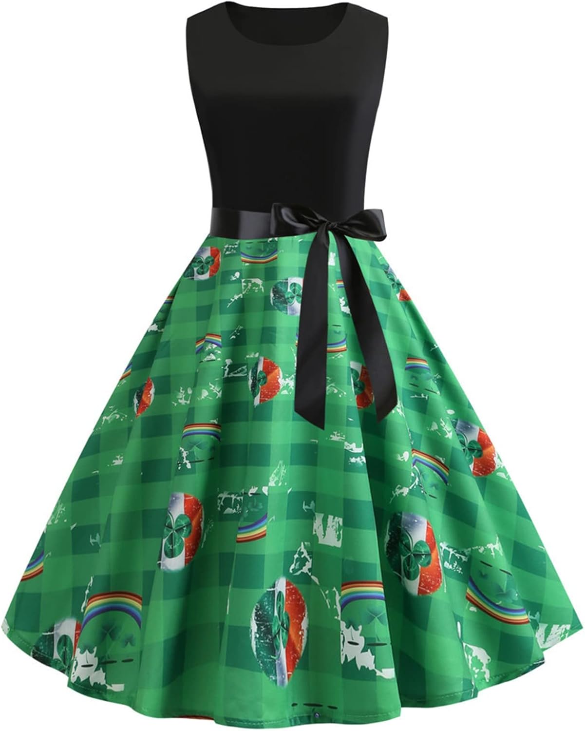 aihihe St Patricks Day Dress for Women A Line Pleated Hepburn Dress Lukcy Shamrock Print Irish Dress 2024 Vintage Dress