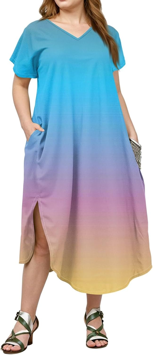 Maxi Dresses for Women 2025 Plus Size Tie Dye V Neck Dress Short Sleeve Side Split Beach Summer Sundress with Pocket