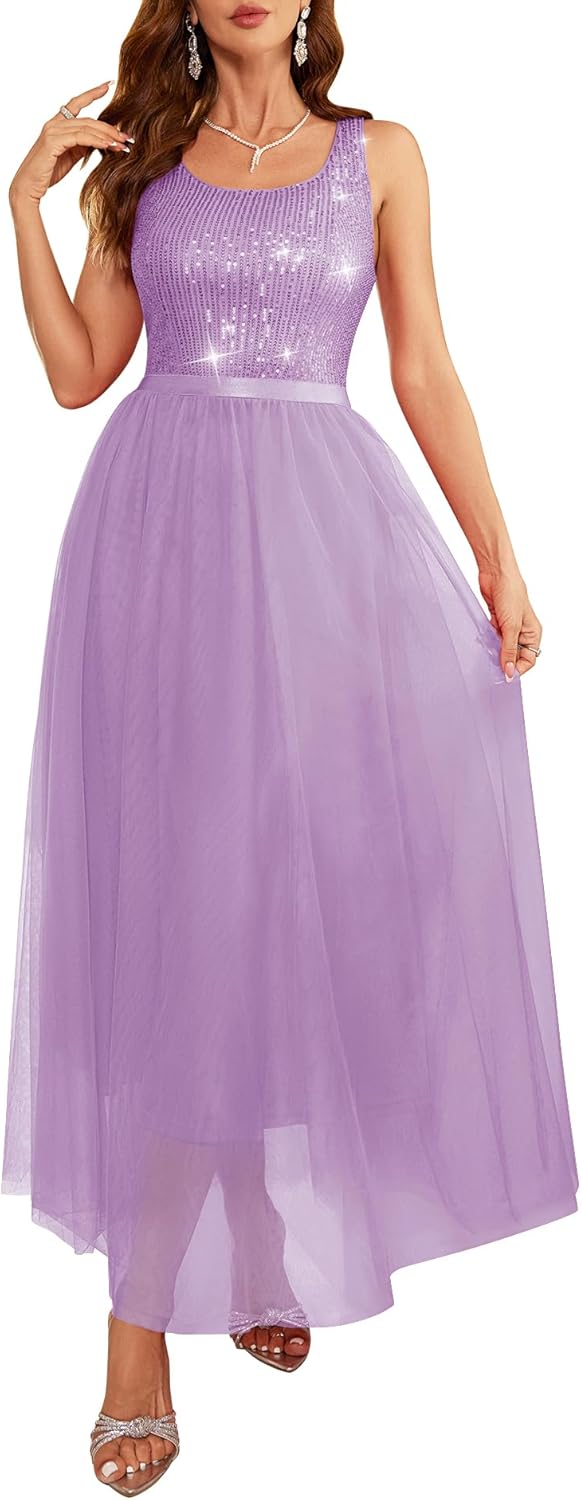 BeryLove Sequin Dress for Woman Vintage A Line Wedding Formal Swing Mesh Dress Sleeveless Cocktail Maxi Gowns