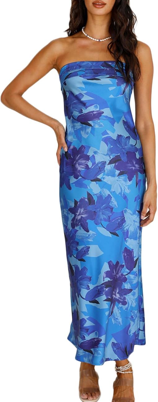 Realtix Satin Silk Backless Tube Tops Maxi Dress for Women Low Back Hollow Out Elegant Strapless Long Dresses Wedding Guest
