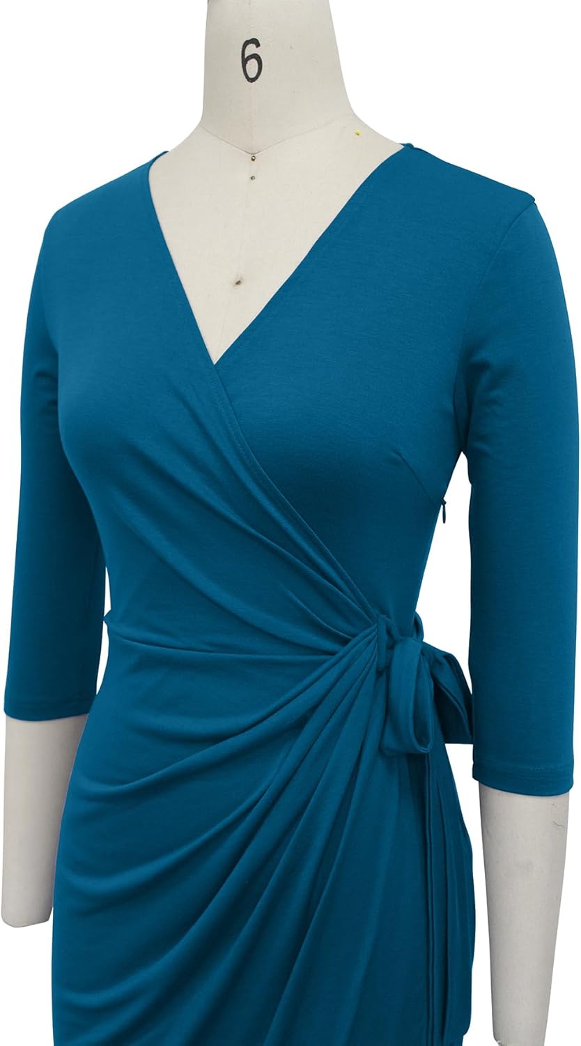 Berydress Women's Classic 3/4 Sleeve V Neck Sheath Casual Party Work Faux Black Wrap Dress