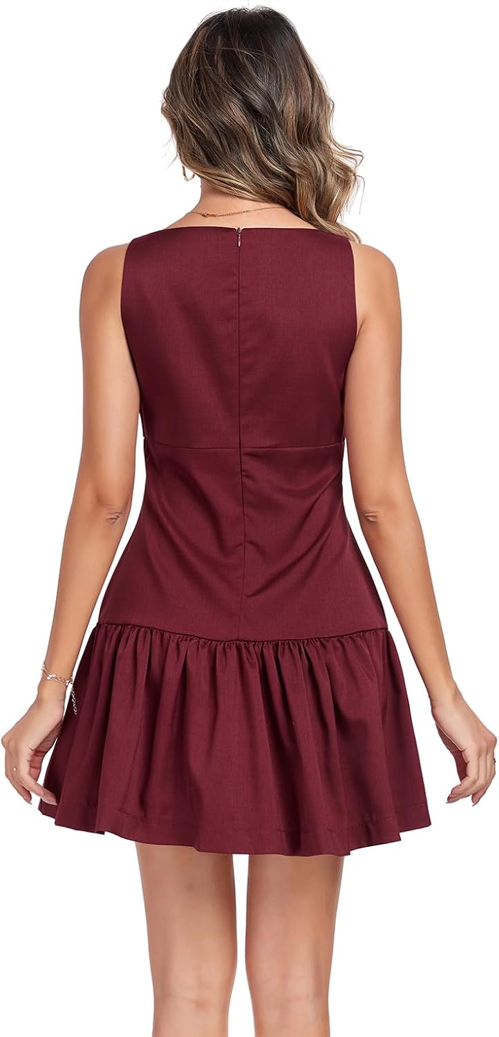 Summer Dress for Women, Sleeveless Round Neck Mini Dress, Casual Pleated Bow Zipper Tank Dress