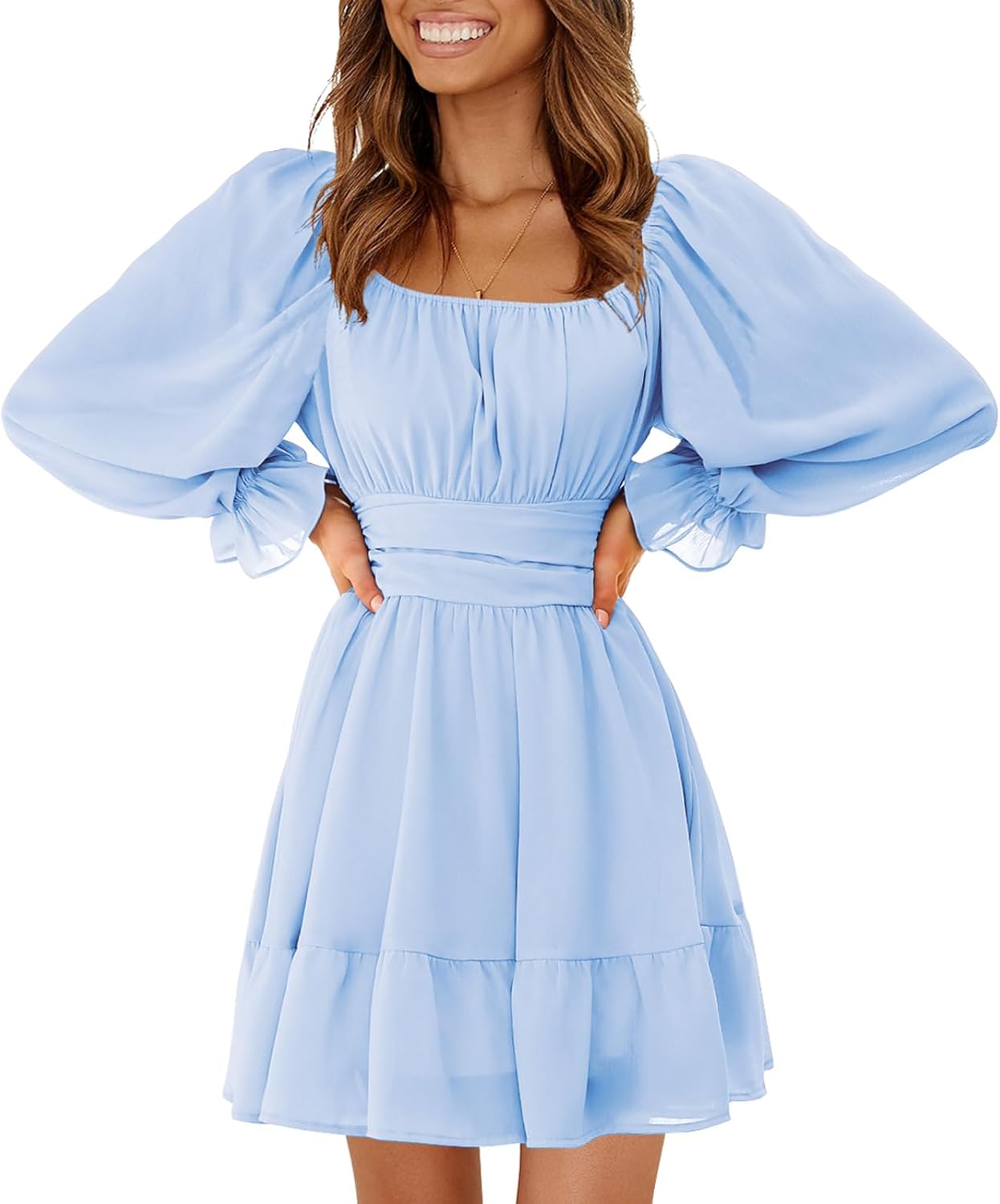 EXLURA Women's 2025 Casual Long Lantern Sleeve Dresses Square Neck Ruffle Tie Back Elastic Waist Aline Short Mini Dress