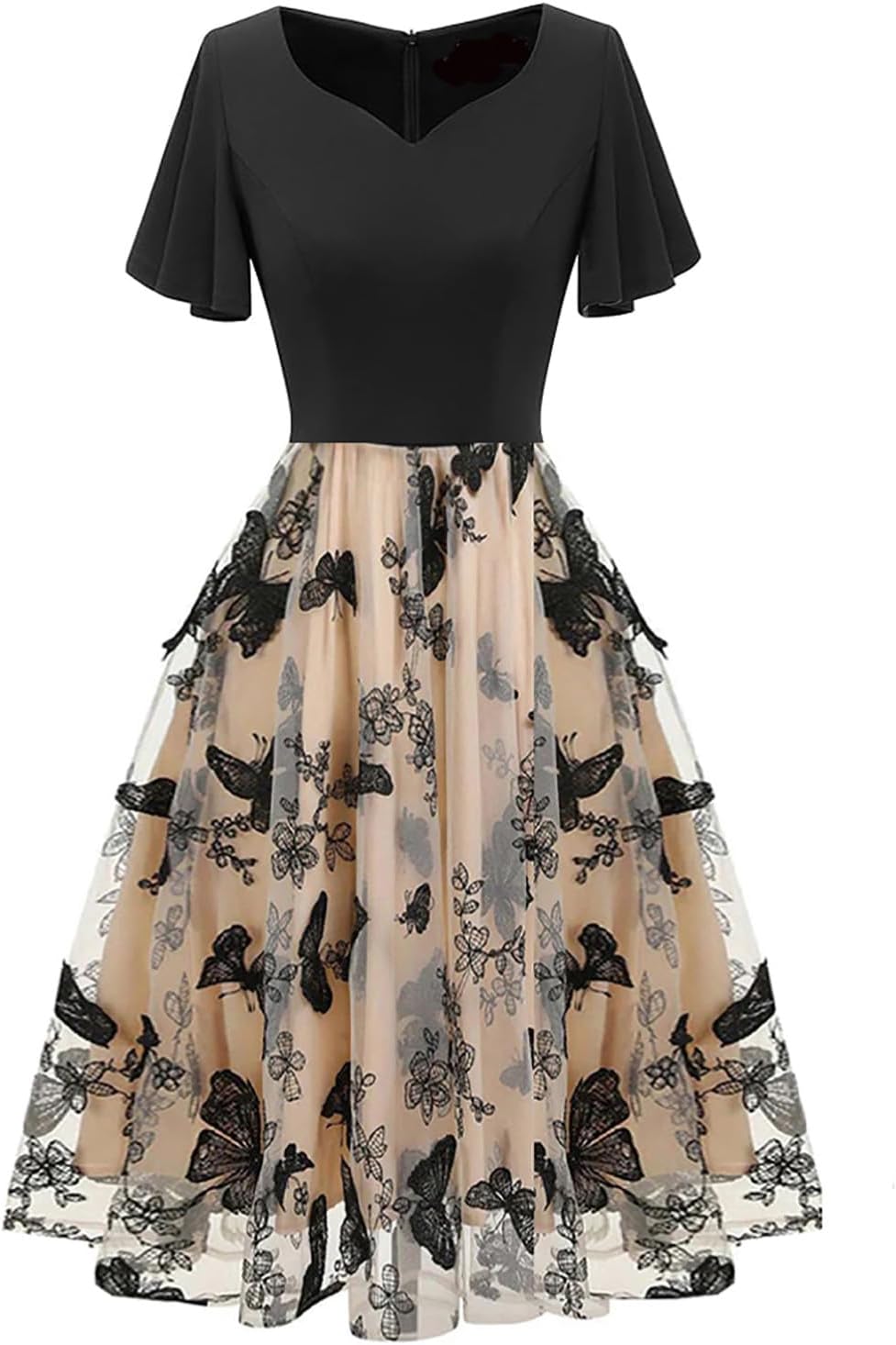 HGps8w Vintage Cocktail Dress for Women, Elegant Butterfly Embroidered Lace V Neck Sleeveless A-Line Party Swing Dresses