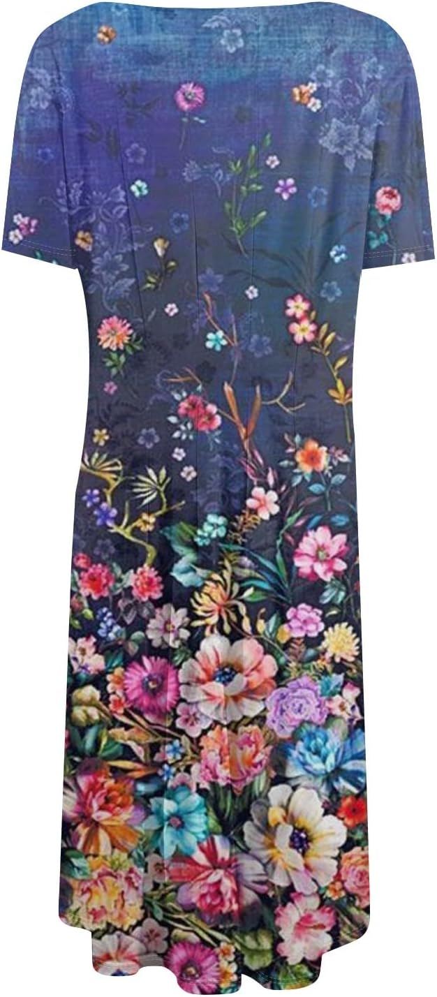 Summer Dresses for Women 2025 Crew Neck Short Sleeve Boho Beach Vacation Floral/Solid Midi Sundresses with Pockets