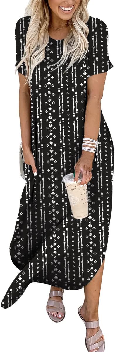 ANRABESS Women's Summer Casual Loose Short Sleeve Long T Shirt Dress Split Maxi Beach Sundress Travel Vacation Outfits