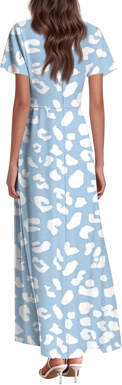 Womens Fashion V Neck Ruffle Short Sleeve Maxi Dress 2025 Summer Elegant Solid Color Flowy A Line Dresses