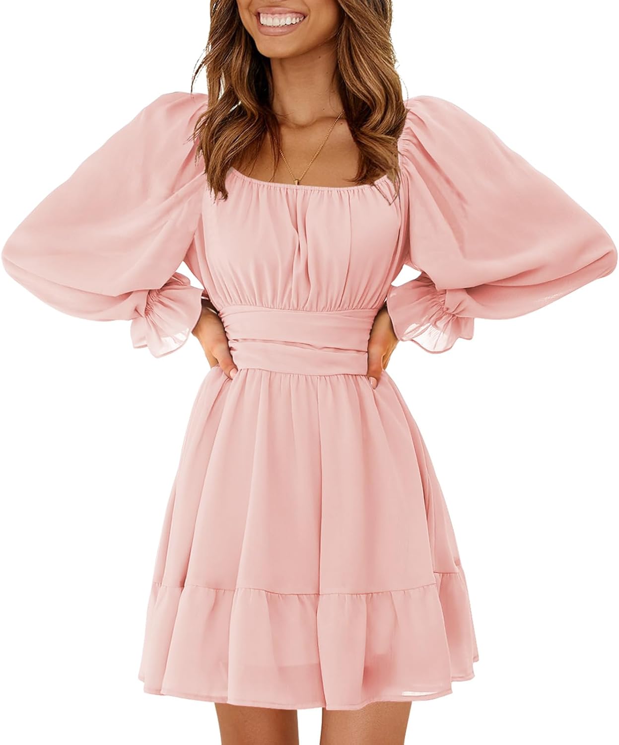 EXLURA Women's 2025 Casual Long Lantern Sleeve Dresses Square Neck Ruffle Tie Back Elastic Waist Aline Short Mini Dress