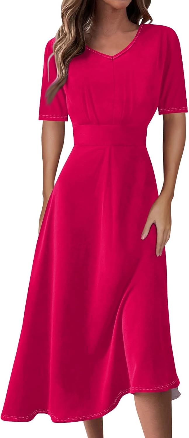 Women's Summer Elegant Cocktail Dress Solid Color Swing V-Neck Party Gown Dresses, S-2XL