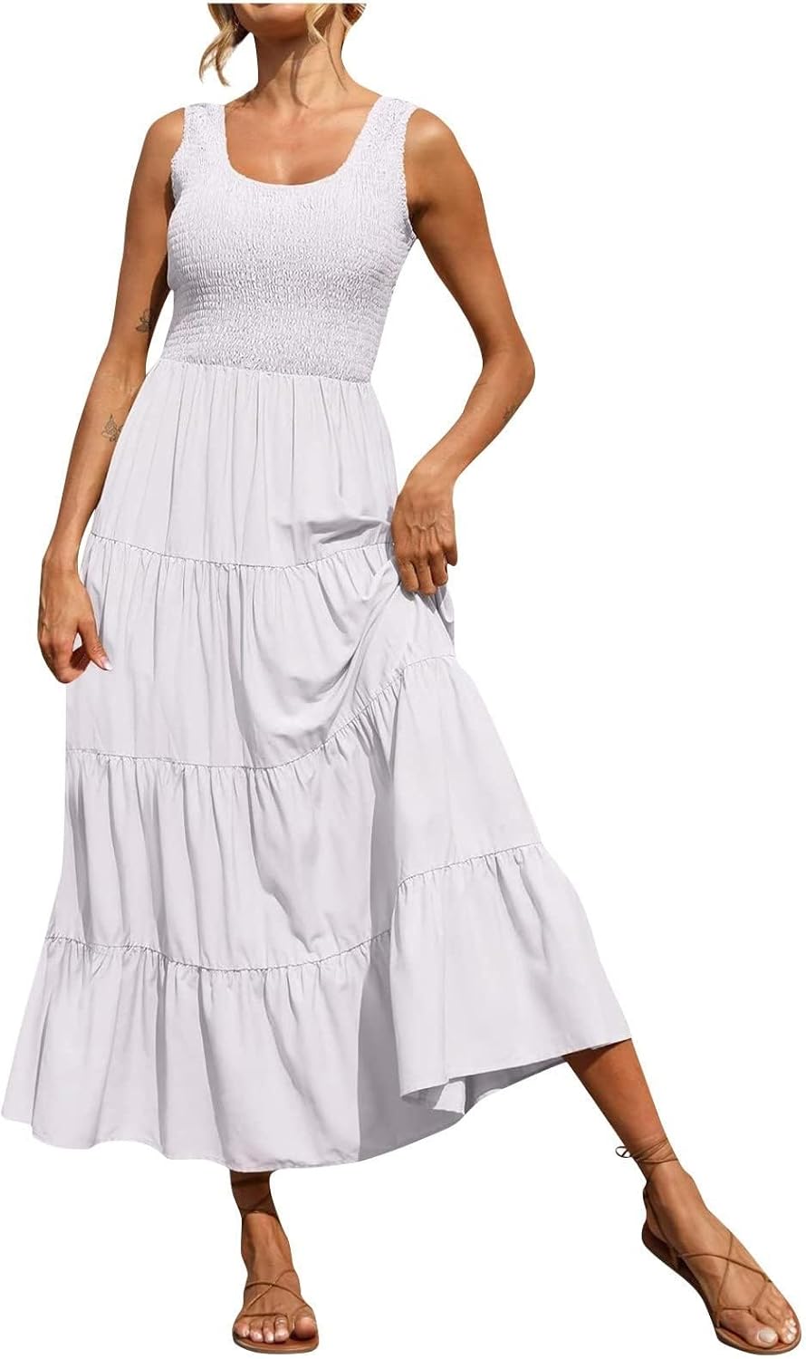 Women Summer Sleeveless Dressees Boho Maxi Dress Casual Smocked Square Neck Sundress a Line Beach Wedding Dresses