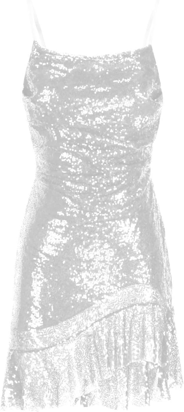 Binmer Women Sparkly Sequin Mini Dress Sexy Glitter Spaghetti Strap Backless Ruffle Hem Cami Short Mini Club Party Dresses