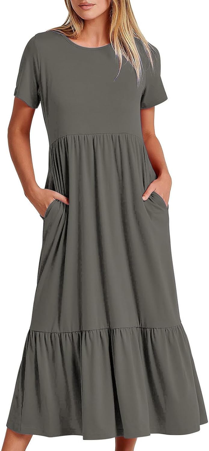 XUNRYAN Summer Dresses for Women 2024 Casual Calf Length Maxi Dress Pleated Flowy Tiered Swing Beach Sundress with Pockets