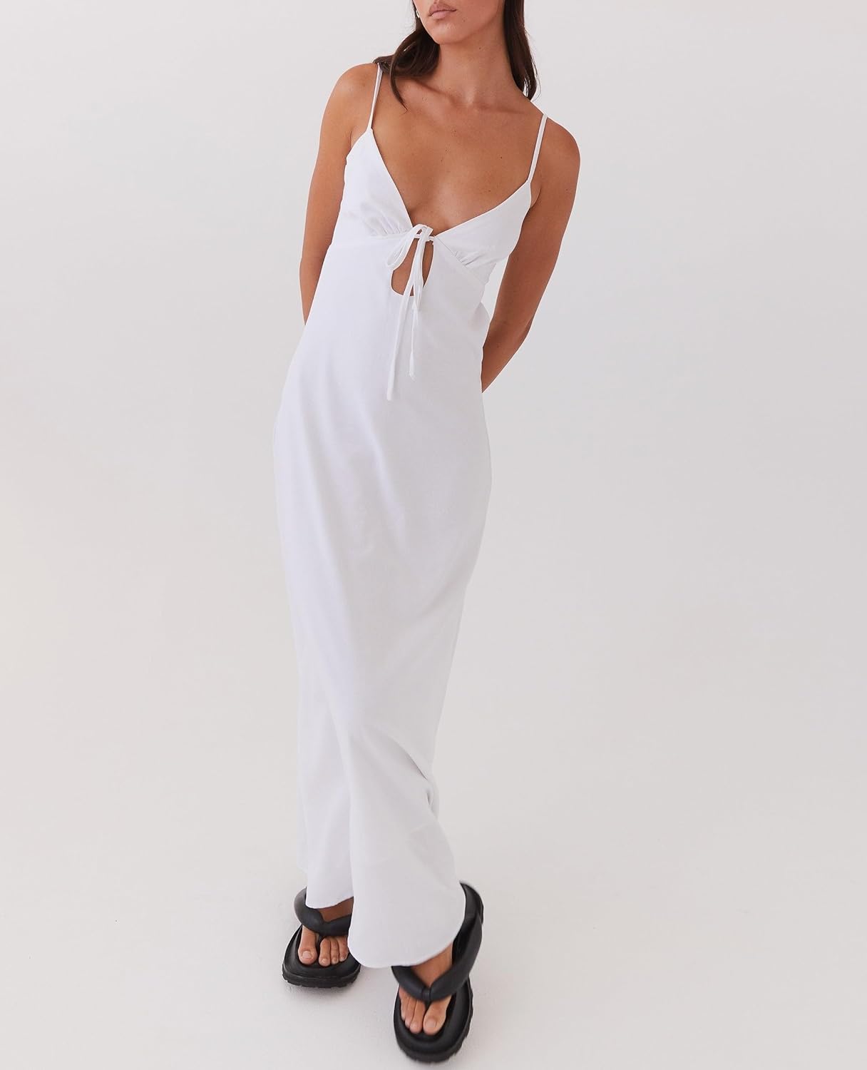 Luckinbaby Women Y2k Spaghetti Strap Maxi Dress V Neck Tie Front Cutout Long Cami Dress Backless Party Wedding Dress
