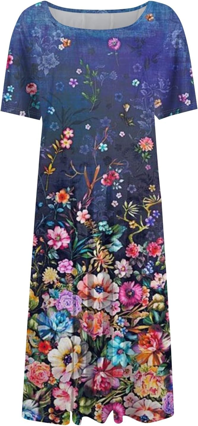 Summer Dresses for Women 2025 Crew Neck Short Sleeve Boho Beach Vacation Floral/Solid Midi Sundresses with Pockets