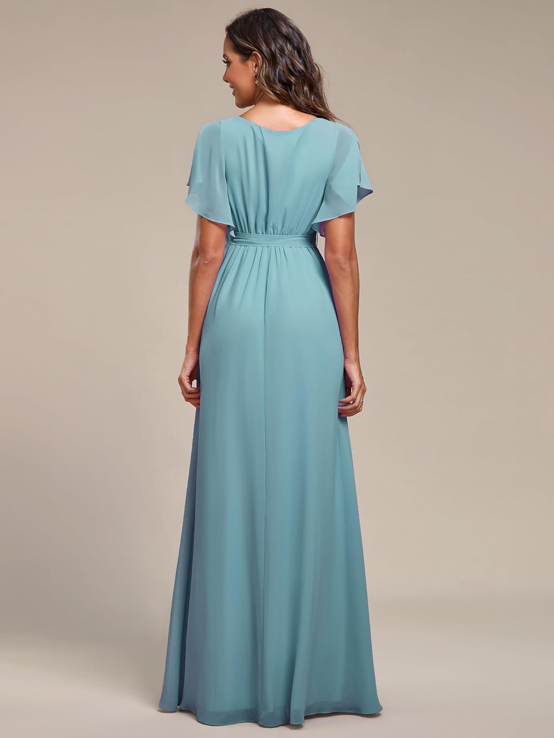 Ever-Pretty Women's Bridesmaid Dress V-Neck Ruffle Sleeves Ruched Bust Floor Length Chiffon Formal Dresses 0164A