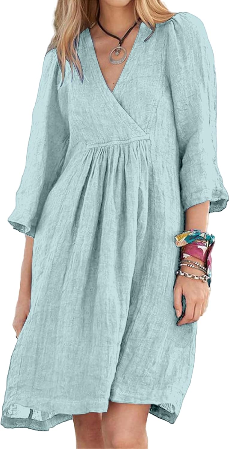 Womens Linen Dress Summer Casual A-line Dresses 3/4 Sleeve Knee Length Ruched Midi Dress V Neck Shift Dresses 2025