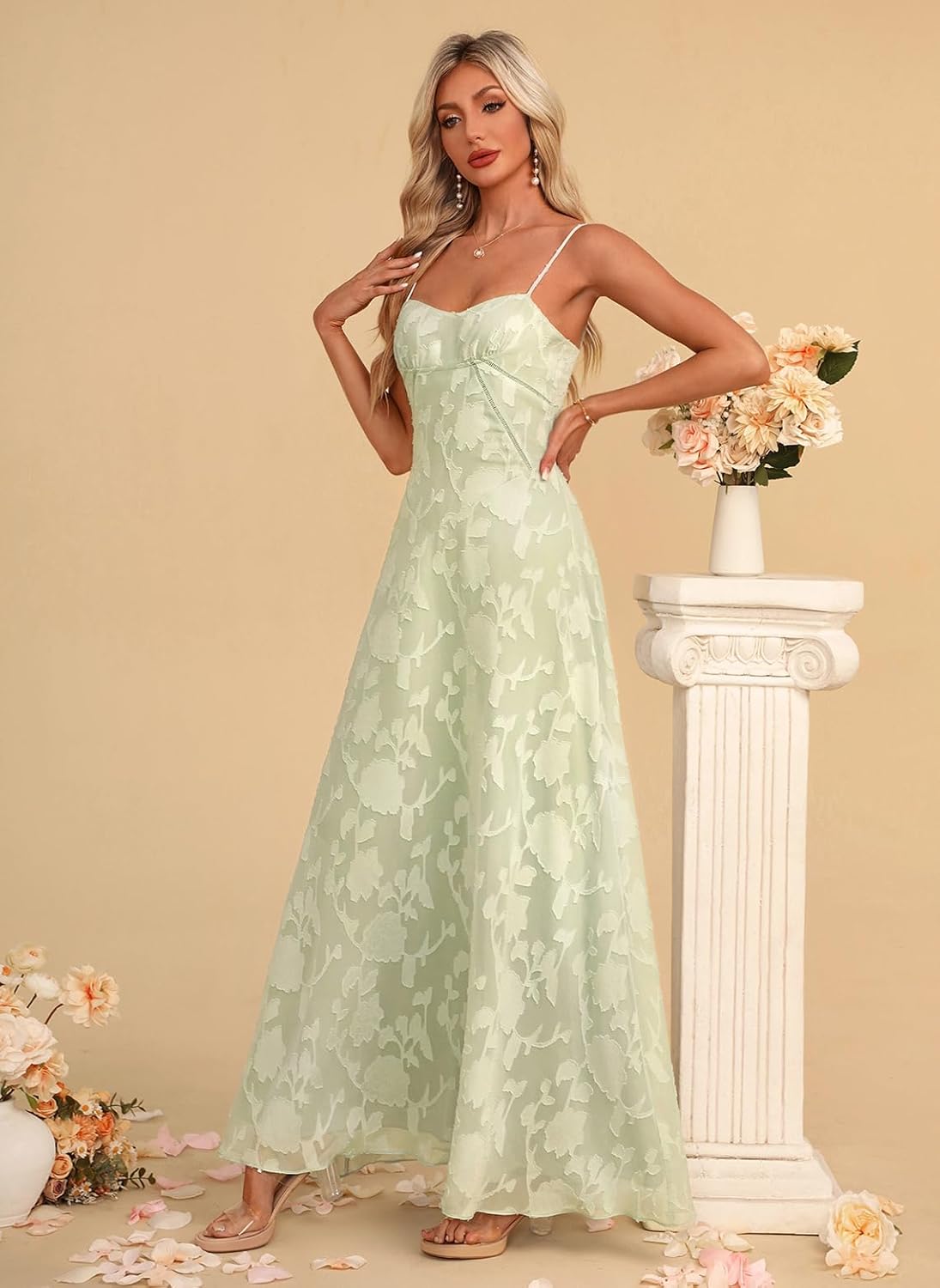 Women's Elegant Wedding Guest Dress Spaghetti Straps Floral Sleeveless Formal Dress Maxi Gown