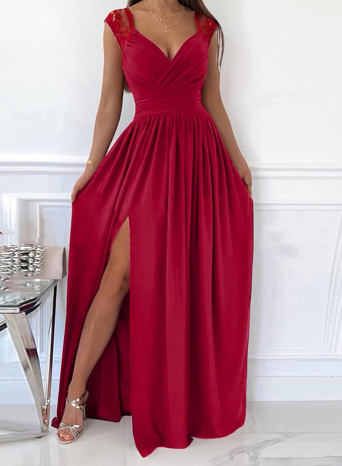Dokotoo Womens 2025 Formal Dresses Wrap V-Neck Ruched Sexy Bridesmaid Wedding Guest Maxi Dresses