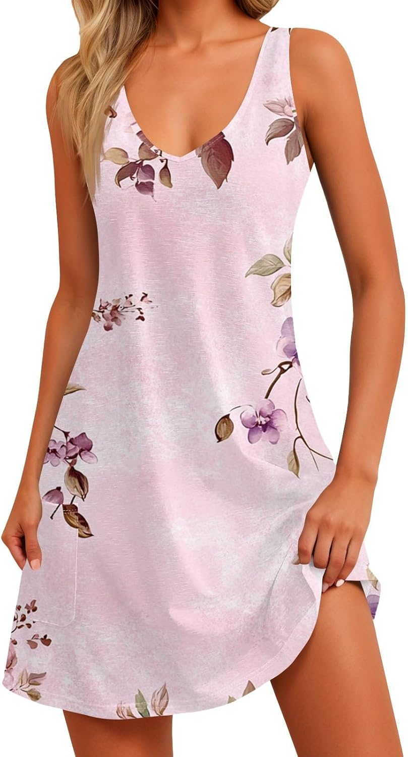 NBXNZWF Women Summer Casual Dress 2025 Casual Loose Sleeveless V-Neck Sundresses A Line Tshirt Beach Dresses with Pockets