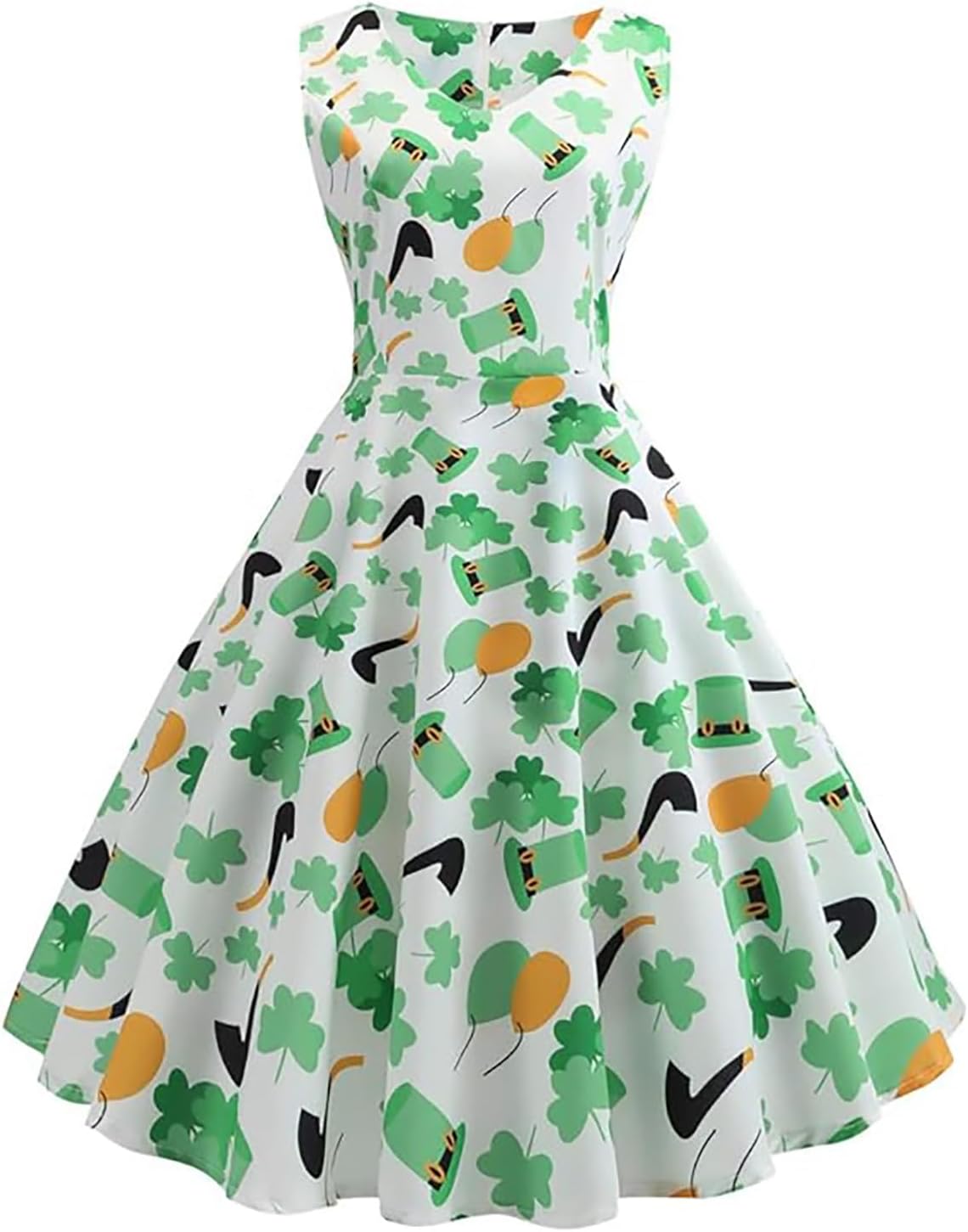 aihihe St Patricks Day Dress for Women A Line Pleated Hepburn Dress Lukcy Shamrock Print Irish Dress 2024 Vintage Dress