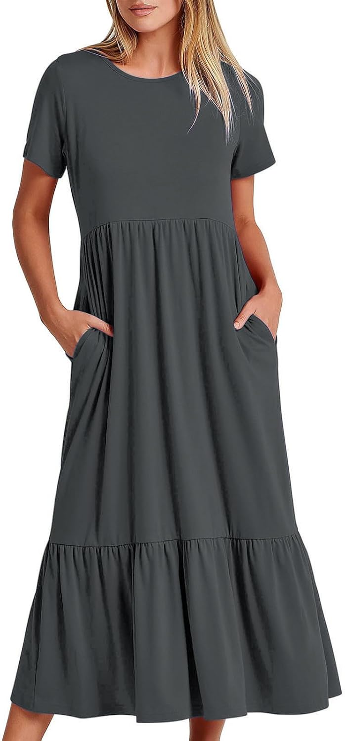 XUNRYAN Summer Dresses for Women 2024 Casual Calf Length Maxi Dress Pleated Flowy Tiered Swing Beach Sundress with Pockets