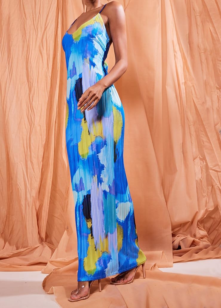 Cowl Neck Dress Sexy Strap Shoulder Pleated Maxi Dresses Summer Wedding Guest Dresses for Women