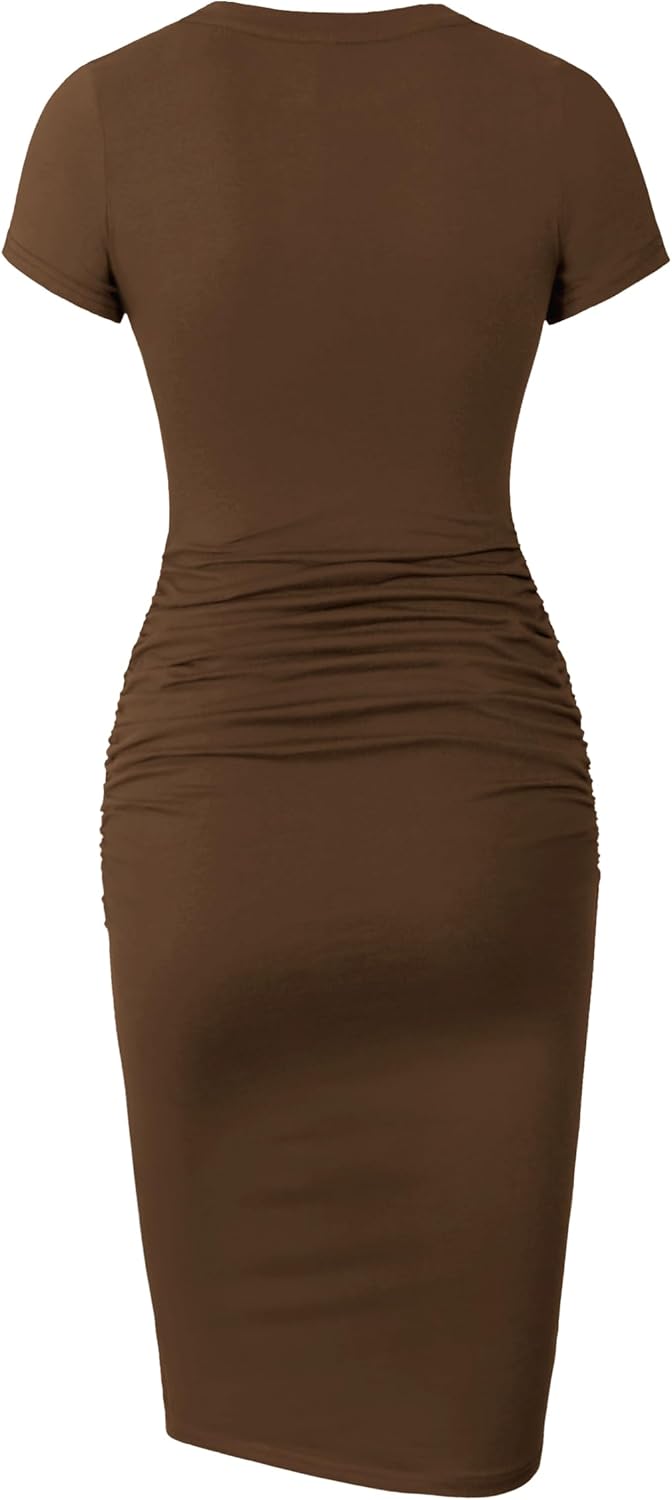 Missufe Women's Short Sleeve Ruched Casual Sundress Midi Bodycon T Shirt Dress